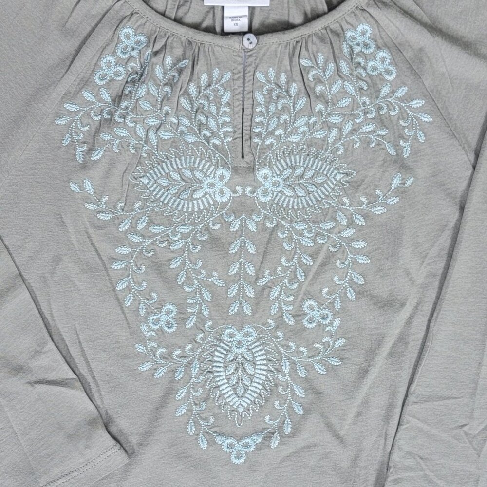 NWT J. Jill Green Peasant Top With Embroidery - XS - Picture 3 of 12